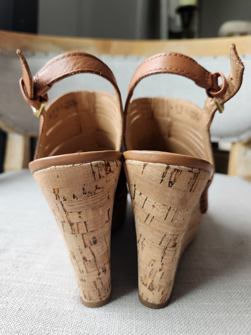 Franco Sarto Tan Leather Wedge Sandals 7.5 "Sharp" Strappy Exellent Cond Congnac - Picture 6 of 10